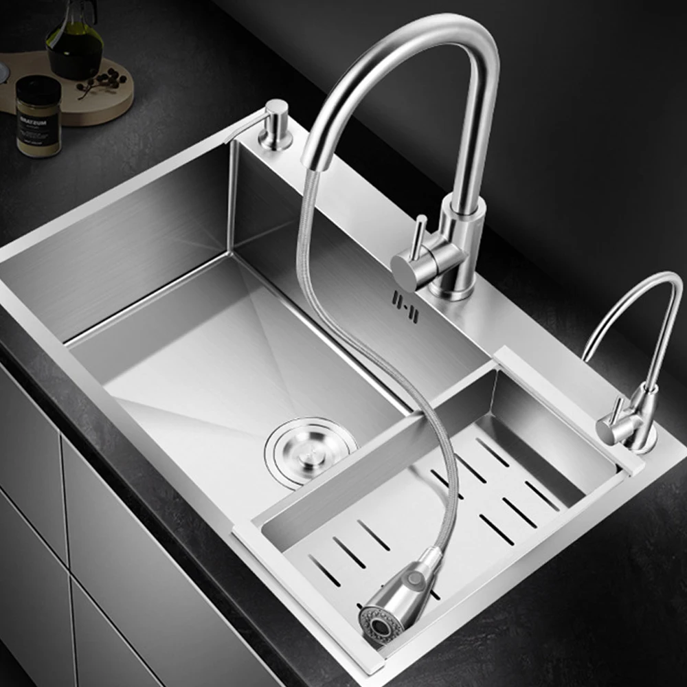 Manufacturer Supplier Handmade Kitchen Sink with Waterfall Smart Double Bowl SS 304 Handmade Sink Above Counter Square Modern
