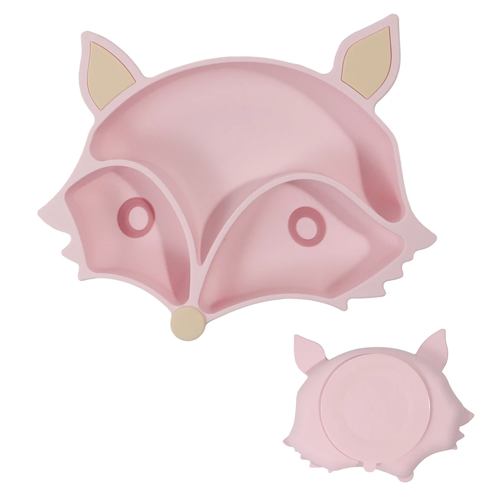 Fox Shape Spill-proof Silicone Cartoon Style Portion Plate Diet Training Baby Feeding Divided Plate Silicone Tableware Set