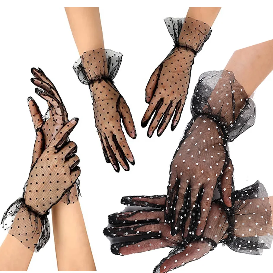 Женские кружевные сетчатые перчатки в горошек