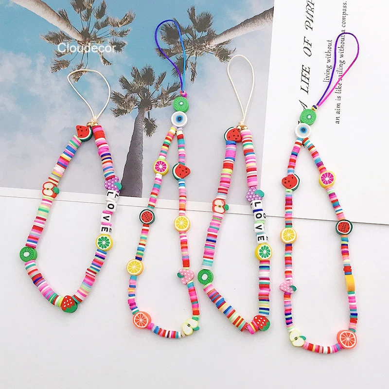 New Pink Beads Clay Mobile Phone Strap Lanyard Women Colorful Fruit Soft Clay Rope For Cell Phone Case Hanging Cord