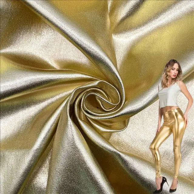 High Stretch Bengaline Gild Faux Leather PU Coated Shiny Fabric For Clothes Pants