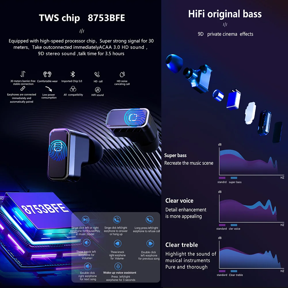 Smart Watch T93 Wireless TWS Headset BT Call 1.96 inch Earbuds Sport Local Music Earphone Smart Watch for Men Women