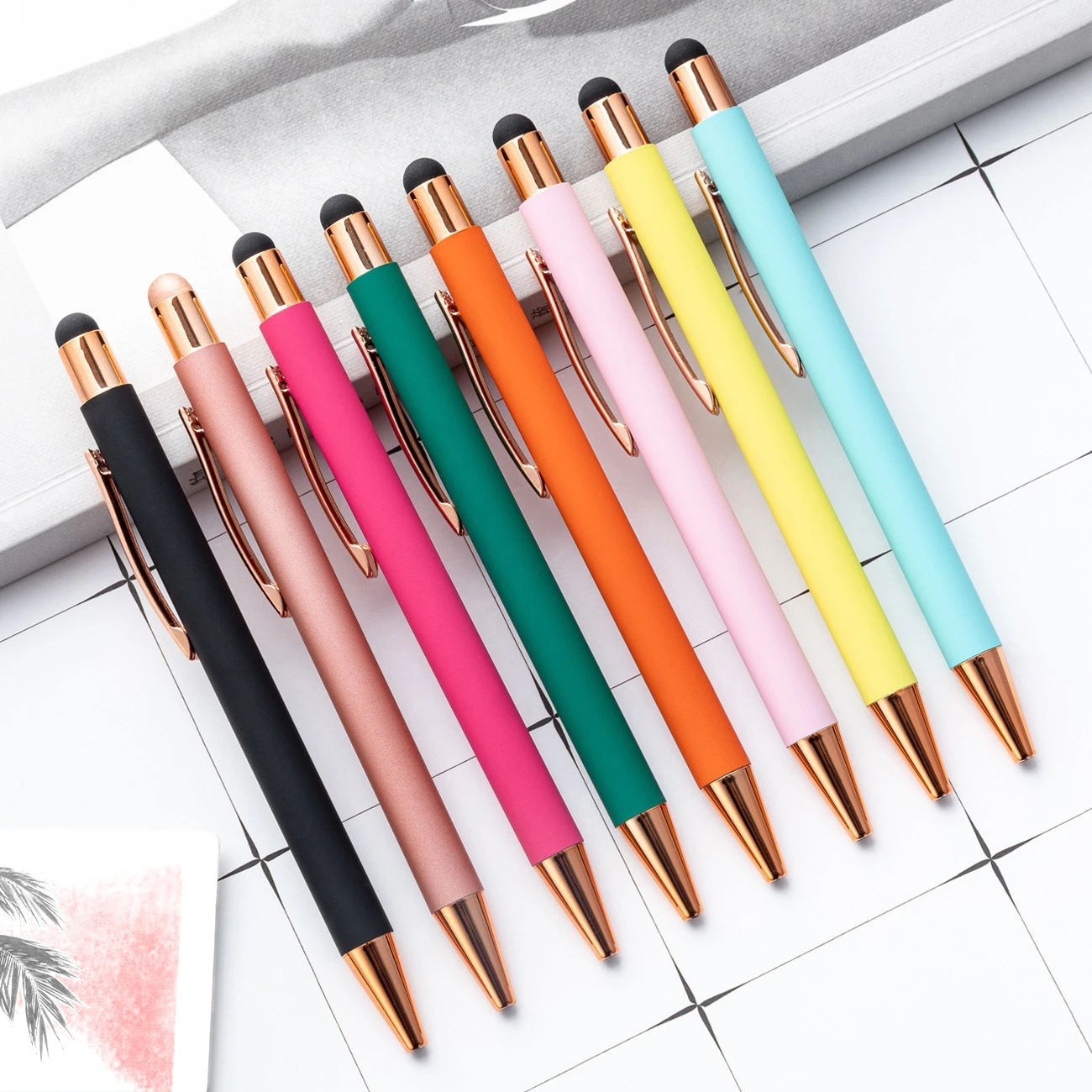 2 in 1 Multifunction High Quality Rose Gold Touch Screen Stylus Ballpoint Pen with LOGO for Promotional Gift Office Supplies