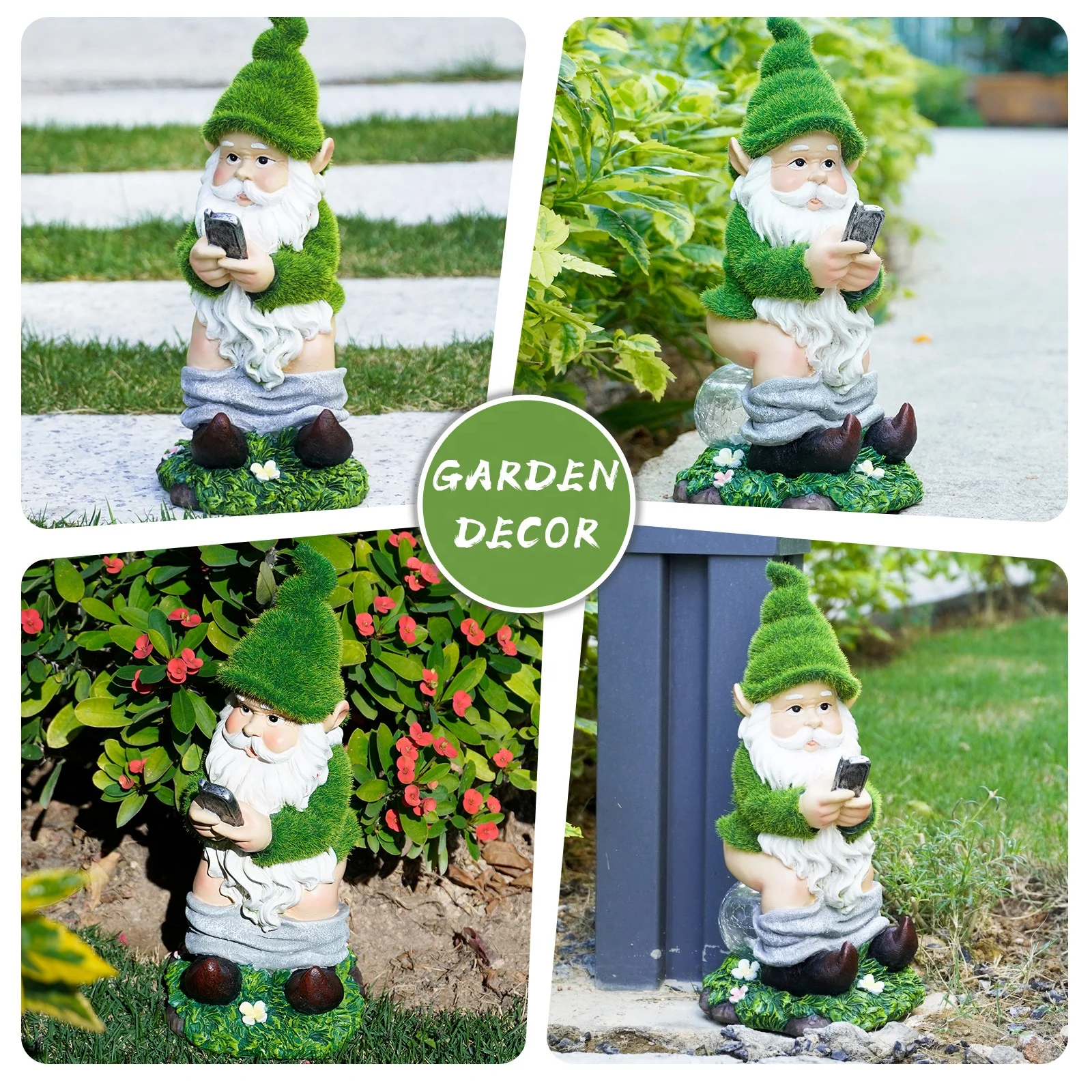 garden decoration flocked artificial moss Resin dwarf gnome statue with Mobile sitting on a glass ball with solar light