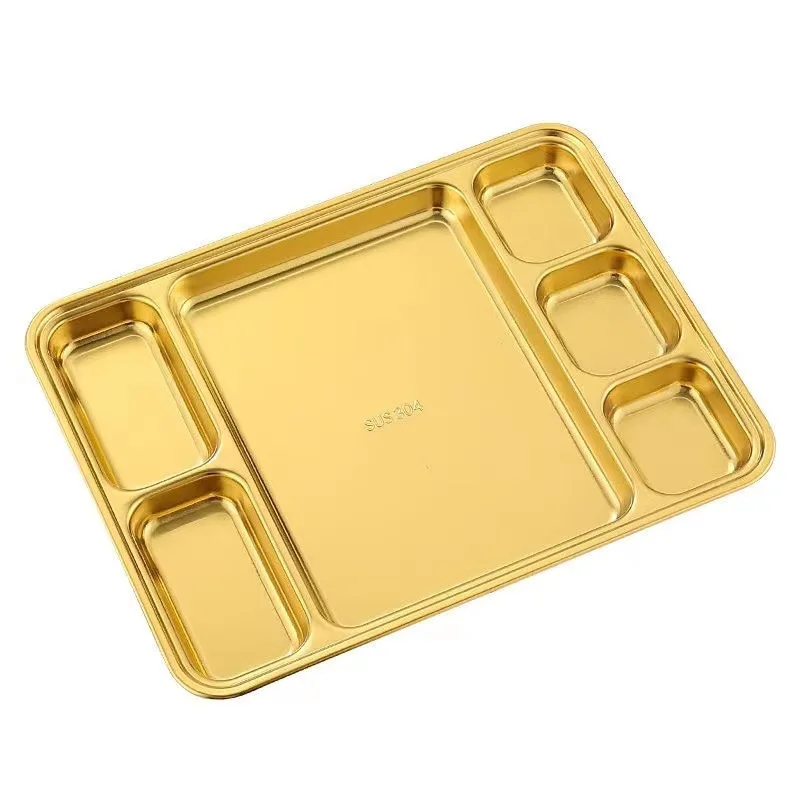 Korean Gold 304 Stainless Steel 3/4/5/6/7 Compartment Buffet Plate School Lunch Divided Food Plate