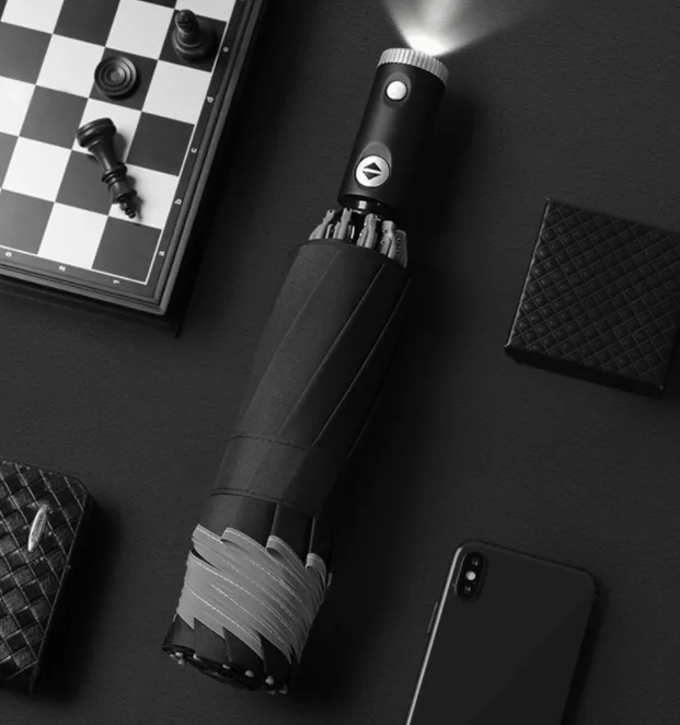 Wholesale 23 Inch 10 Ribs Business Gifts 3 Fold Inverted Reverse Reflective Led Light Handle Automatic Umbrella With Logo Print