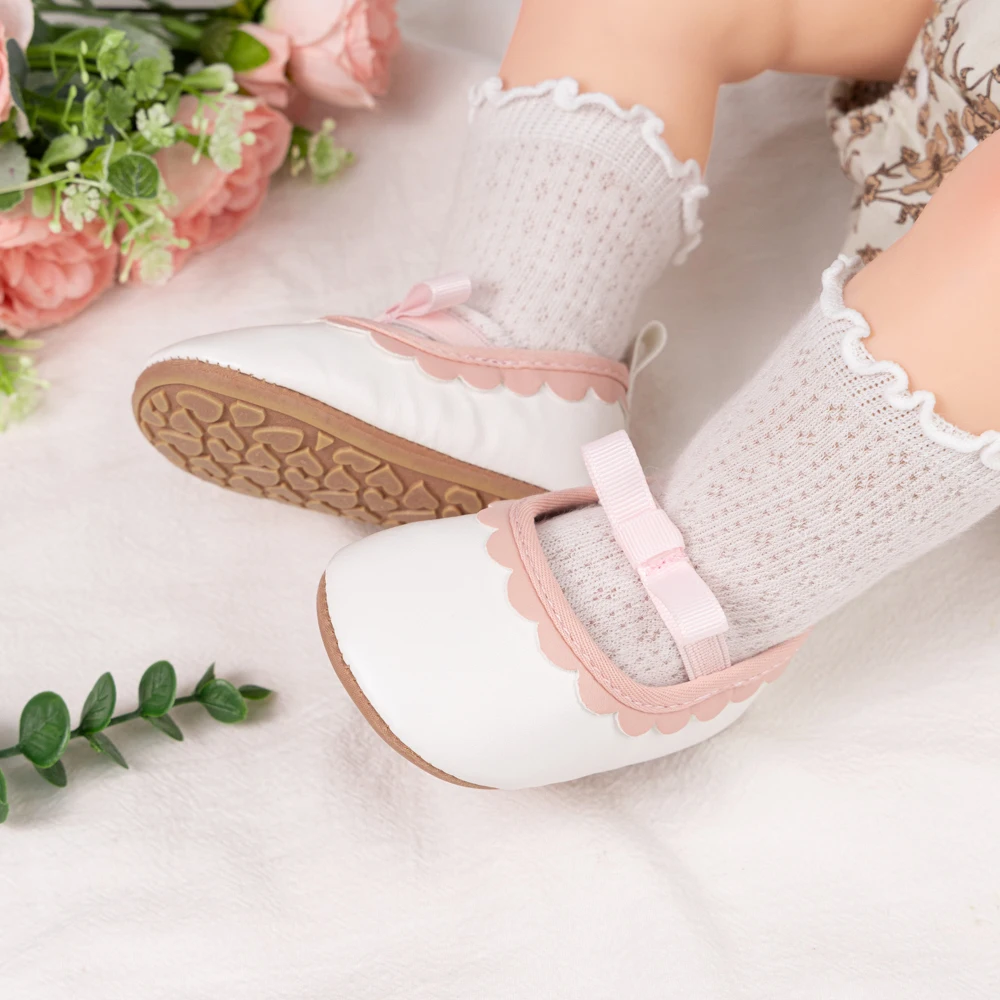Newborn Baby Girls Mary Jane Flats Formal First Walker Shoes With Bow Accent Baby Dress Shoes