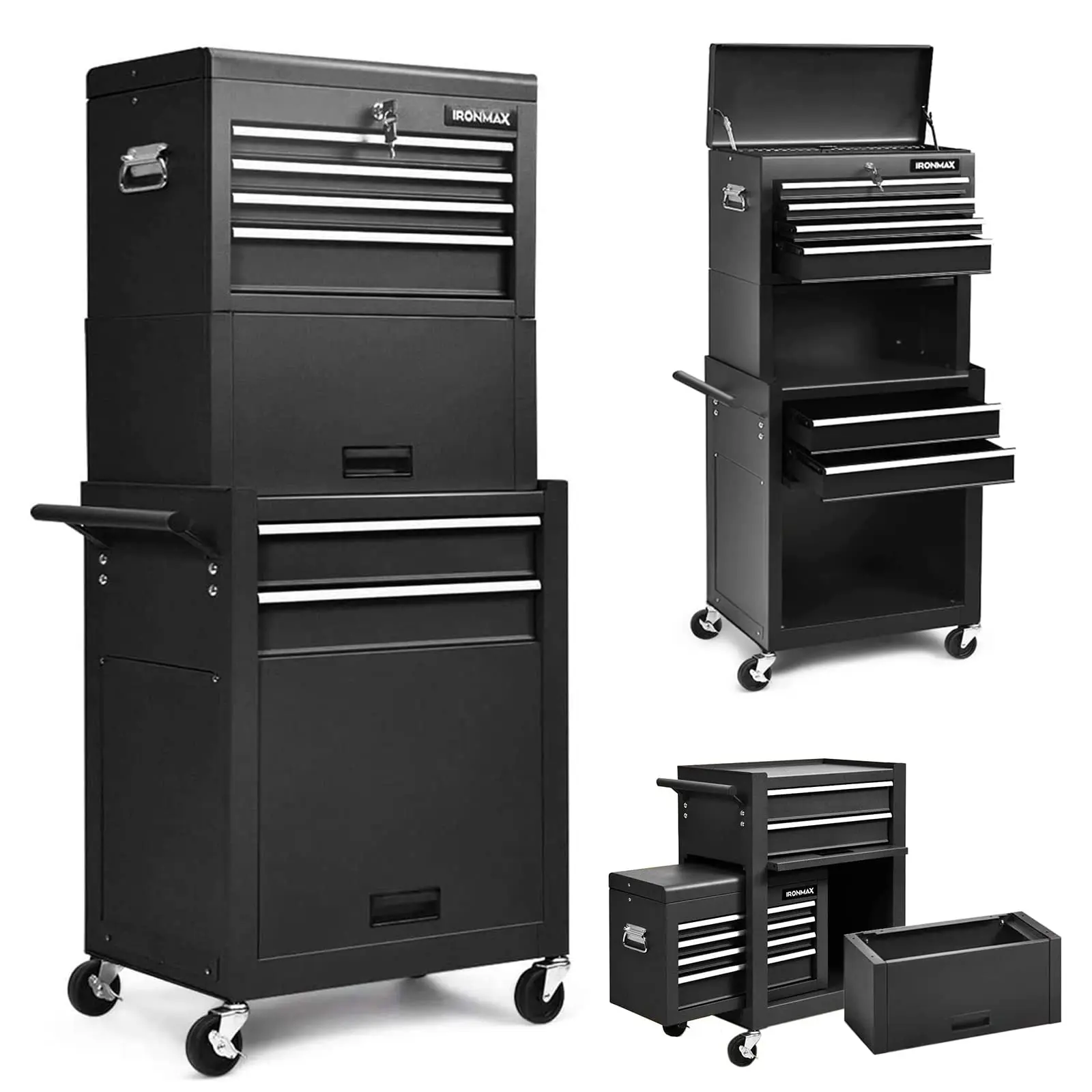 PULAGE 6-Drawer 3-in-1 Rolling Tool Chest - Auto Locking System Lockable Wheels Sliding Drawers Detachable Top