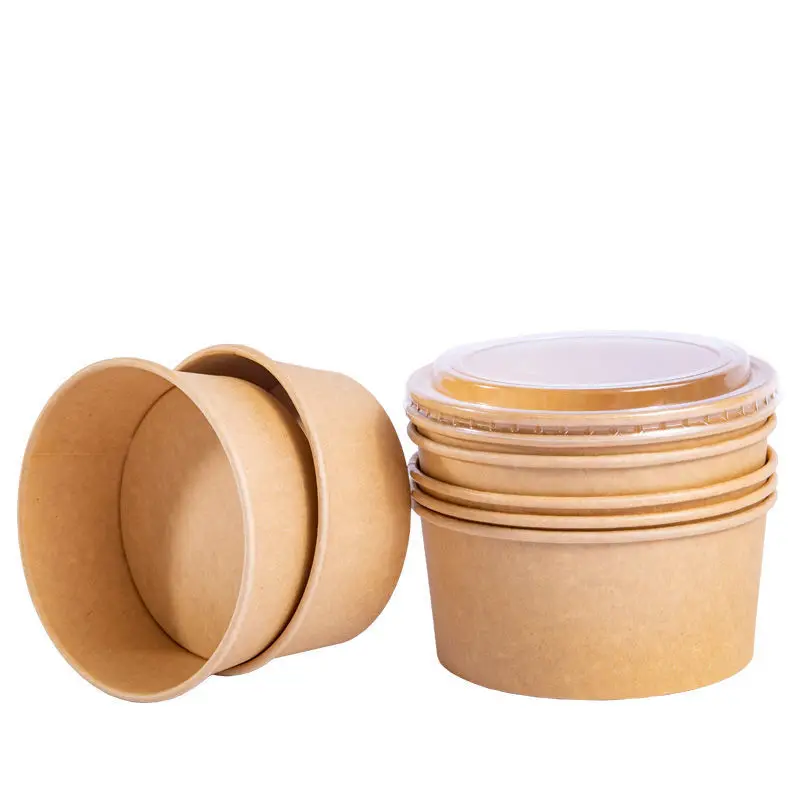 Hot Sale Wholesale Disposable  Printed Rectangle Square Takeout Kraft Paper Salad Lunch Bowl With Lid