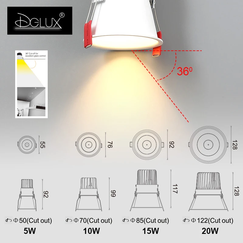 DGLUX профессиональный анти-ослепляющий ra>90 утопленные светодиодные маленькие крытые прожекторы 5/10/15/20 Вт прожектор безопасности для домашнего