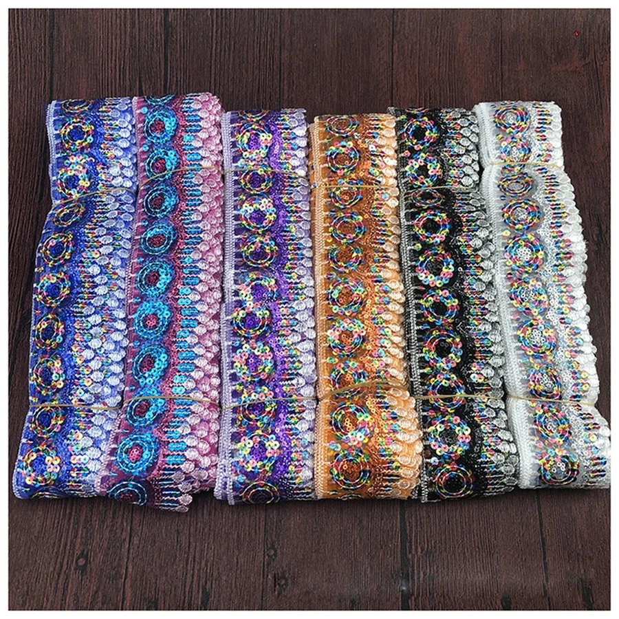 COOMAMUU 10yards/lot Ethnic Sequins Lace Ribbon Fashion Embroidery Lace Trim for Sewing Clothing Curtain Accessory