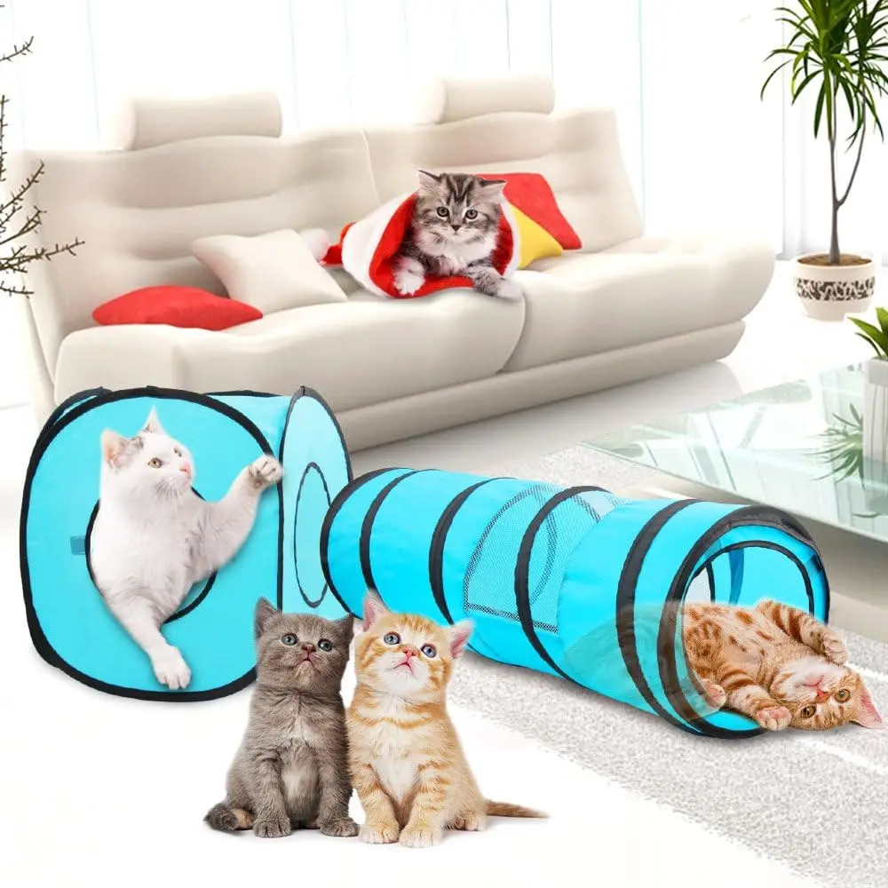 Pawise Interactive Cat Toy Pop Up Collapsible Cat Tunnel Toy Foldable Detachable  Cat Tunnel And Cube Set For Indoor Kitten Play