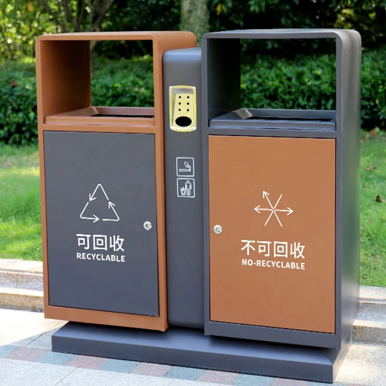 Customized outdoor dustbin steel classified recycling bins garbage sorting box metal waste container trash can for park public