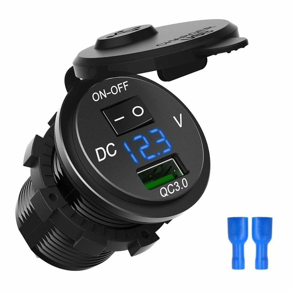 12v power socket motorcycle with switch and QC3.0 port + voltmeter
