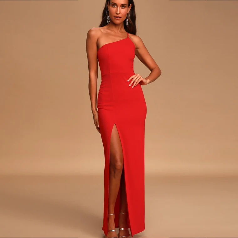 Black One-Shoulder Maxi Dress Customized solid color large size flower casual summer thigh split dress