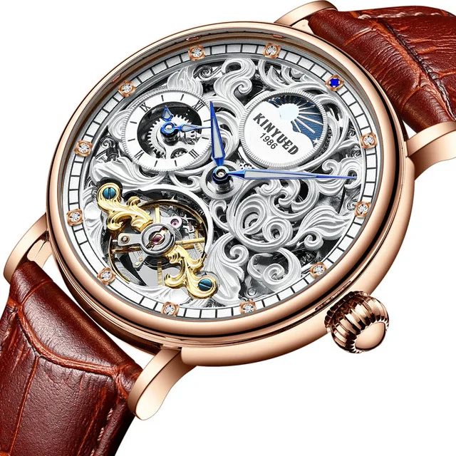 KINYUED J078 own brand Chinese gents mechanical watch best Genuine Leather Strap water resist skeleton moq 1 business watch