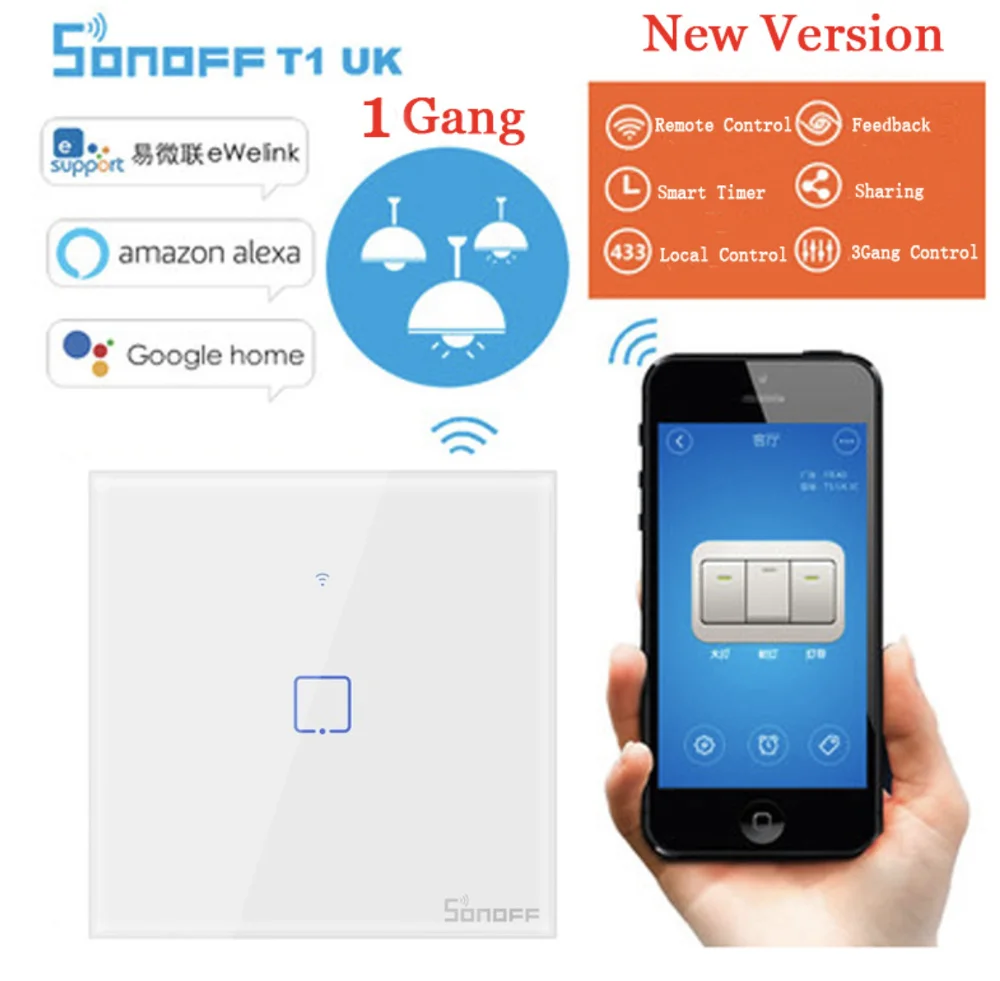 Original SONOFF T1 UK 1Gang WiFi RF App Remote Control Wall Light Smart Switch Works with Voice Control