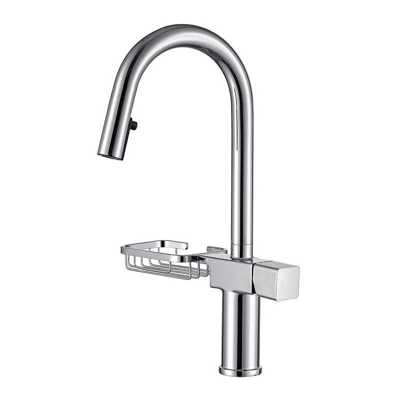 Luxury square design chrome plated single lever deck mounted pull down sprayer kitchen faucet mixer tap with soap shelf holder