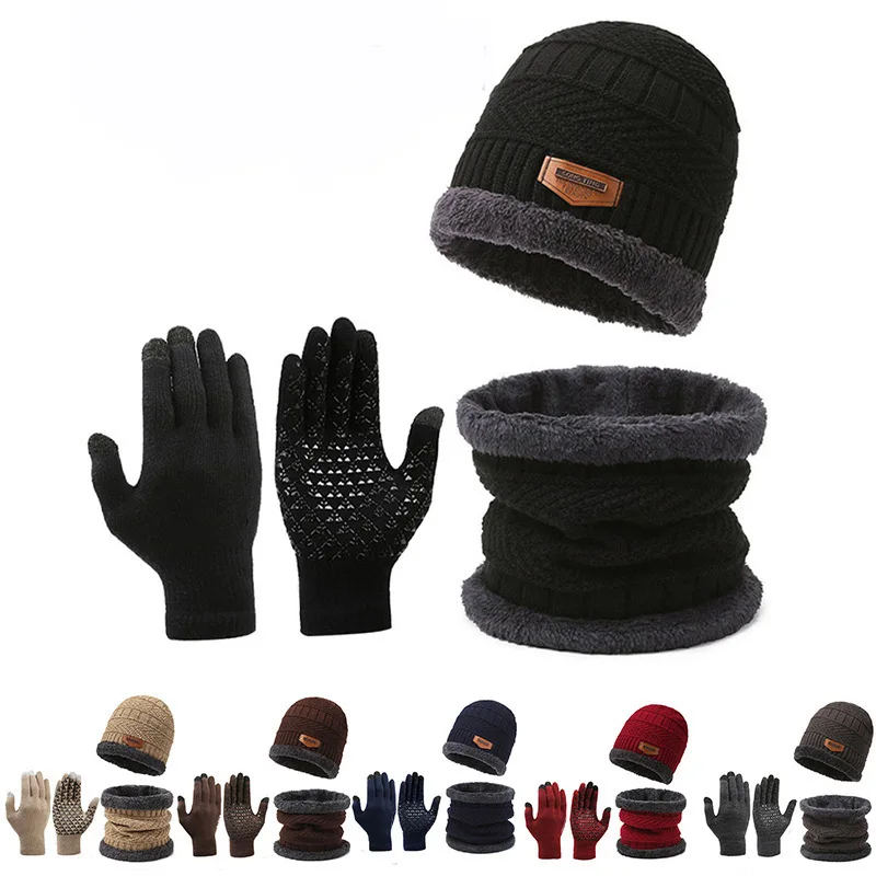 Winter Fashion Knitted Soft Wool 3 pieces set Solid Color Warm Hat Gloves and Scarf Set men woman