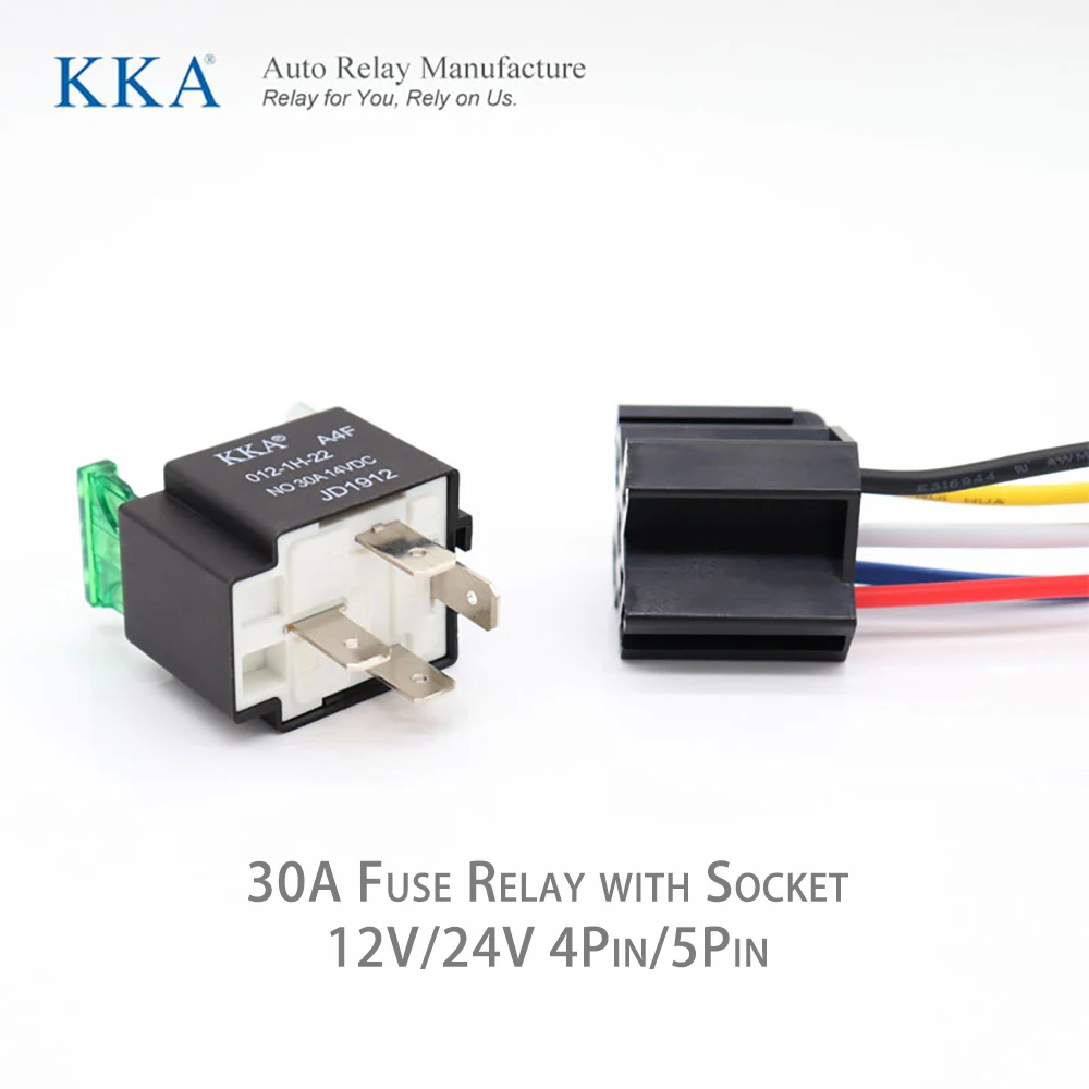 KKA-A4F 30A Automotive Fuse Relay 12V/24V 4pin/5pin and Wire Harness Kit, Car Relay with Metal Bracket