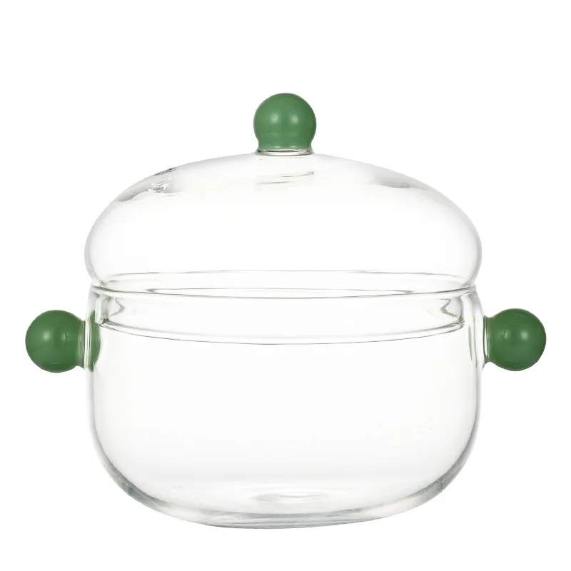 Solhui Cute transparent mini glass stew pot soup bowls with lid and colored handle 500ml