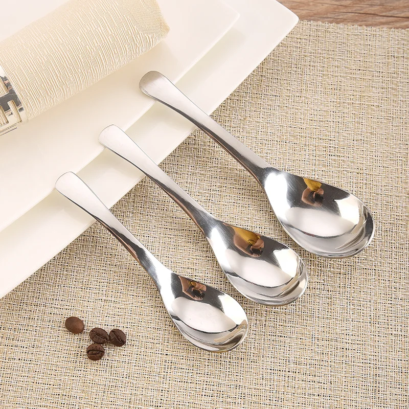 Wholesale Metal 304 Stainless Steel Curved Handle Round Bottom Ramen Soup Spoon Child Students Rice Spoon