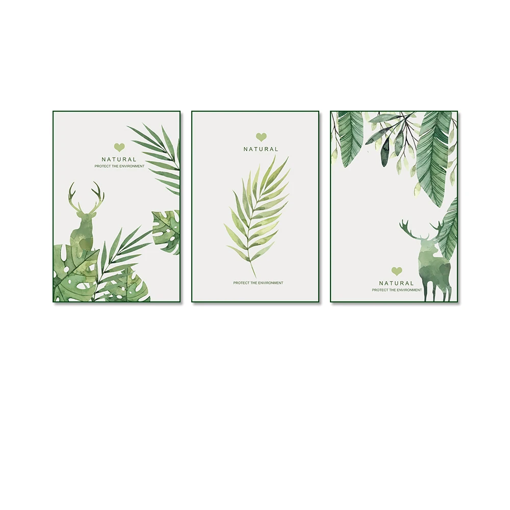 Leaves Wall Painting Framed Art for Home Decor Large Canvas Green Wood DX CMYK Wall Deco 3 Piece/set White 1mm Thick DXBD-479