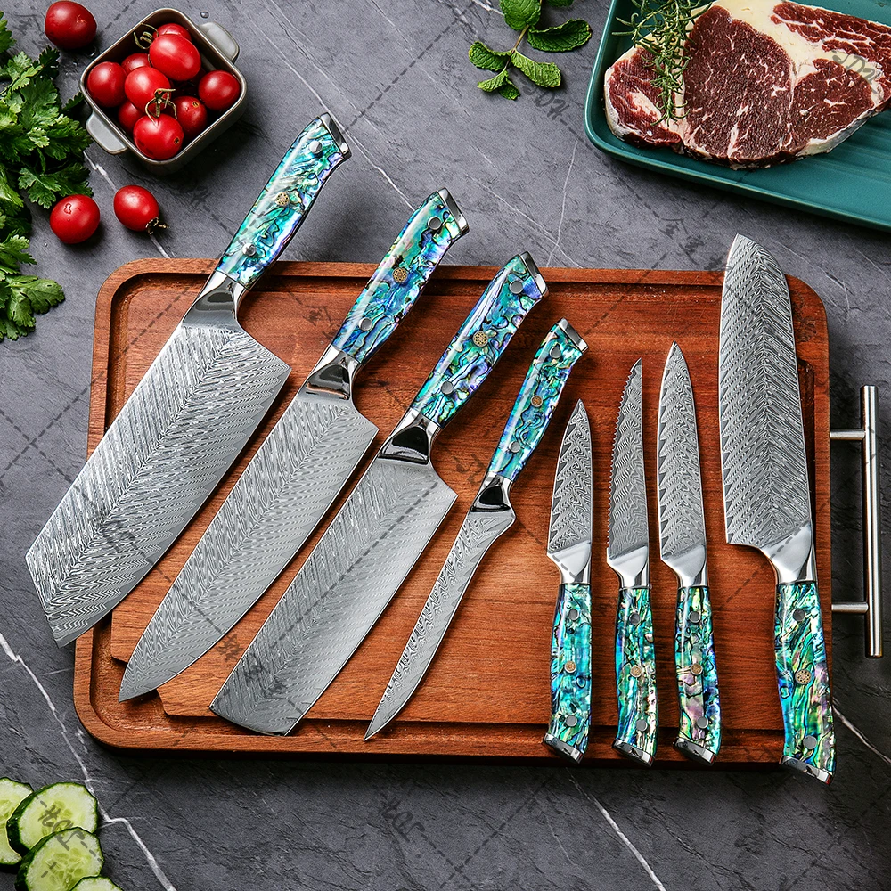 7 inch Santoku Knife Damascus Kitchen Knife 67 Layers Damascus Steel with Abalone Shell Handle