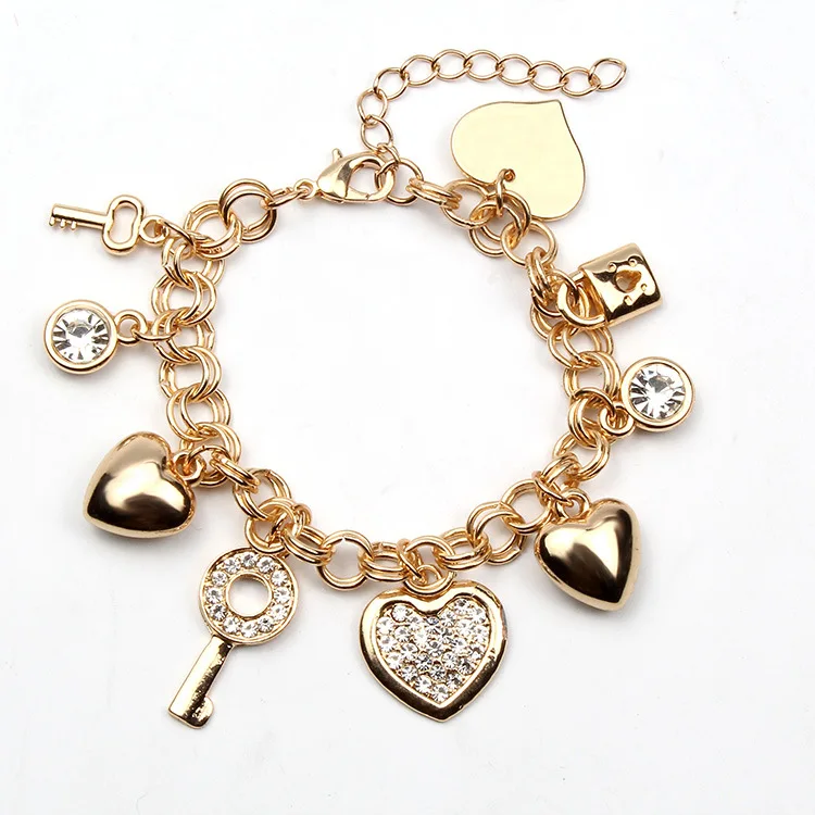 Wholesale Retro Diy Accessories Shiny Crystal Key Lock Heart Charm Bracelet For Women