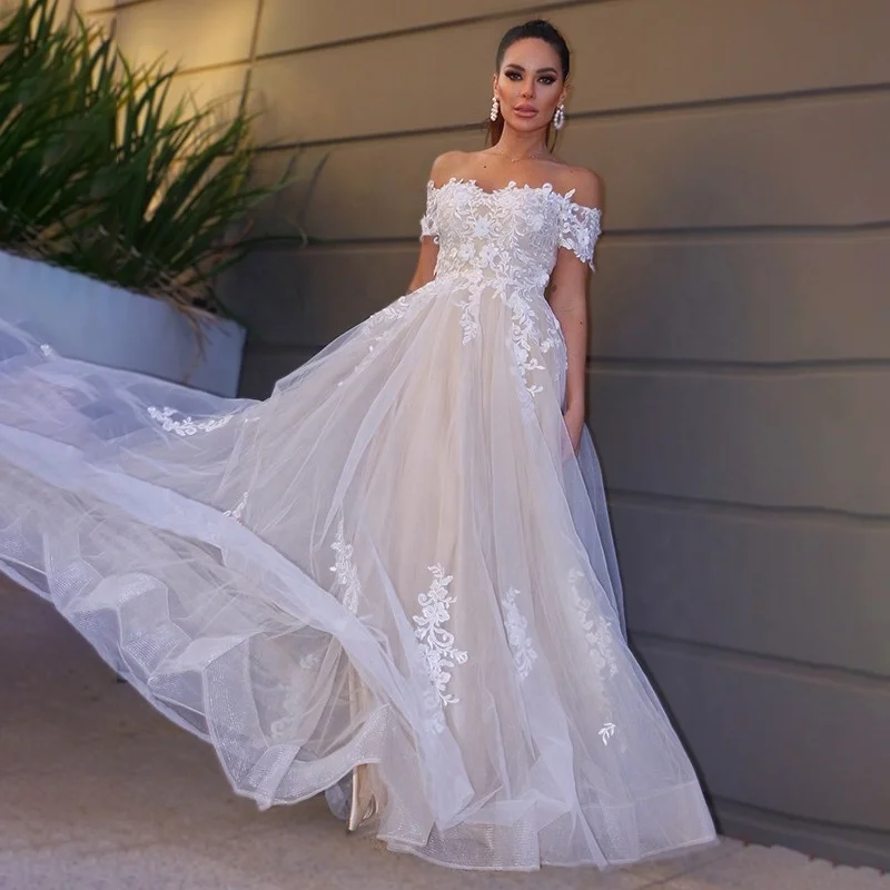new style white wedding dress for bride ball gown vestido off-shoulder slim wedding dress
