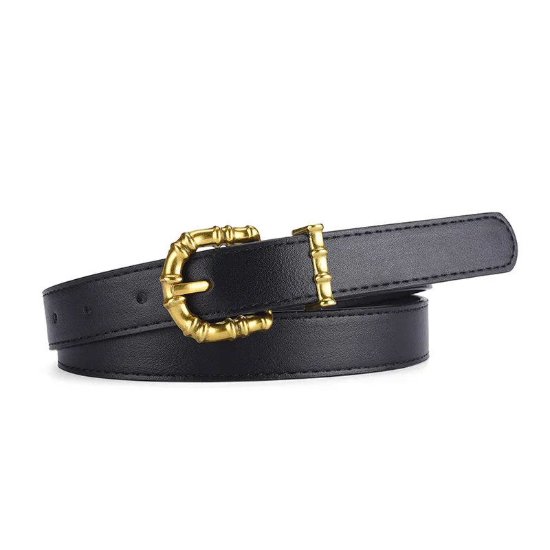 Women Faux Leather Fashion Belt with Metal Bamboo Shape Buckle Ladies Needle Buckle Waist Belts For Dress