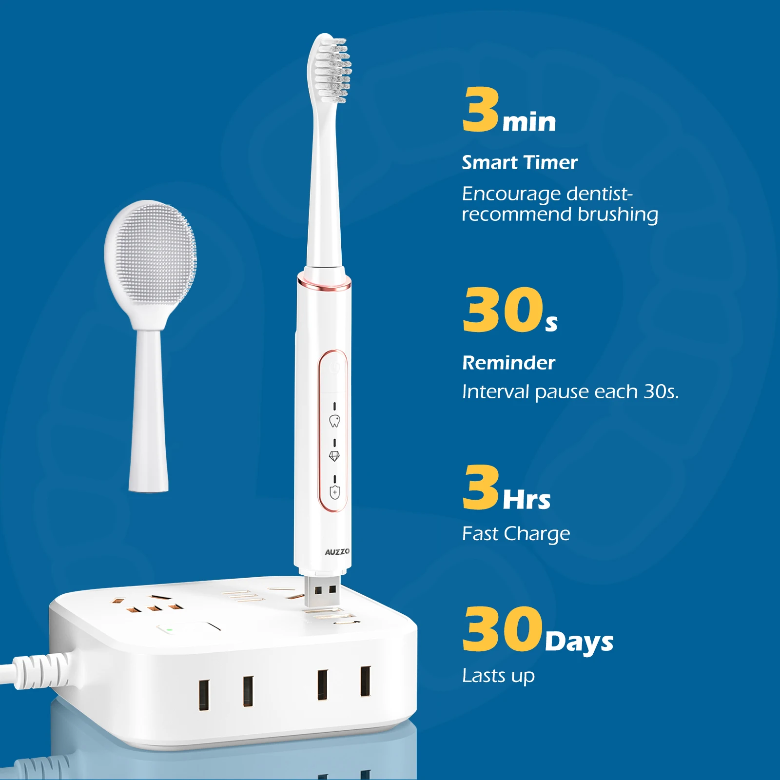 AUZZO OEM USB Fast Charge Charging Automatic Vibration Electronic Electric Tooth Brush 3 Modes Waterproof Toothbrush