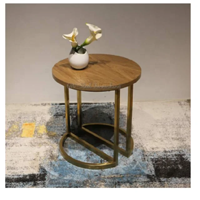 Custom Design Top Grossing Stainless Steel Table With Brass Finish And Wooden Top Largest Manufacture Company