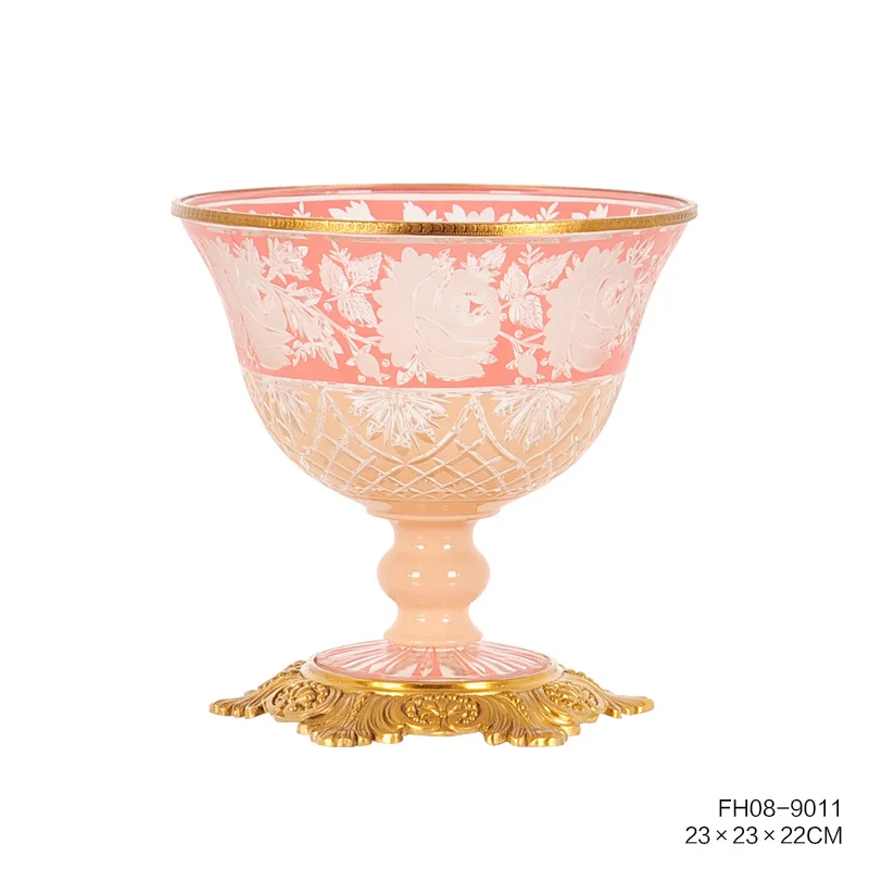 The Pink Glass Pieces with Gold Colored Brass with Design Bowl Vase with Lid for Living Room Home Decoration Ornament