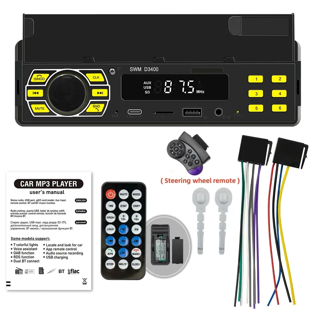 Car Radio Bluetooth 1 Din MP3 Player Handsfree A2DP Type C USB TF Aux APP Remote Cell Phone Holder Audio System Head Unit D3400