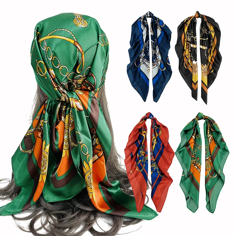 2021 большой женский мусульманский хиджаб 90 см черный женский атласный Шелковый большой квадратный шарф