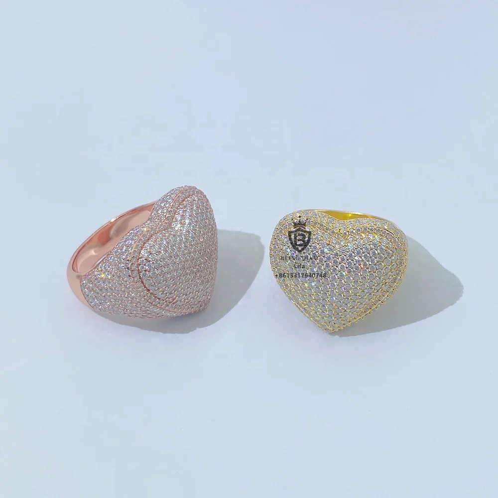 Fashion fine jewelry 925 sterling silver heart ring iced out hip hop custom silver moissanite ring