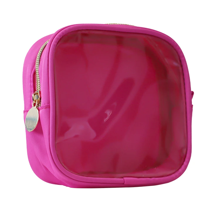 New Pink Small Transparent Make Up PVC Waterproof Nylon Cosmetic Pouch Mini Makeup Bag With  Zipper