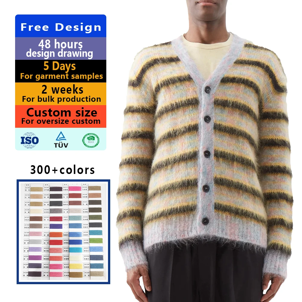 Senior Custom logo brushed  mohair Wool Knitting jacquard fuzzy Knitted Cotton Knitwear jumper Sweater for men
