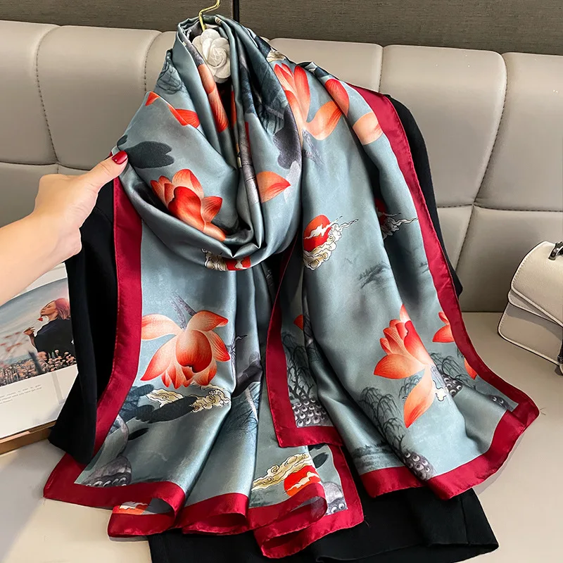 Fashion 180*90cm Silk Scarf Foulard Bandana 2024 Long Scenery Printed Scarf Silk Luxury Shawl