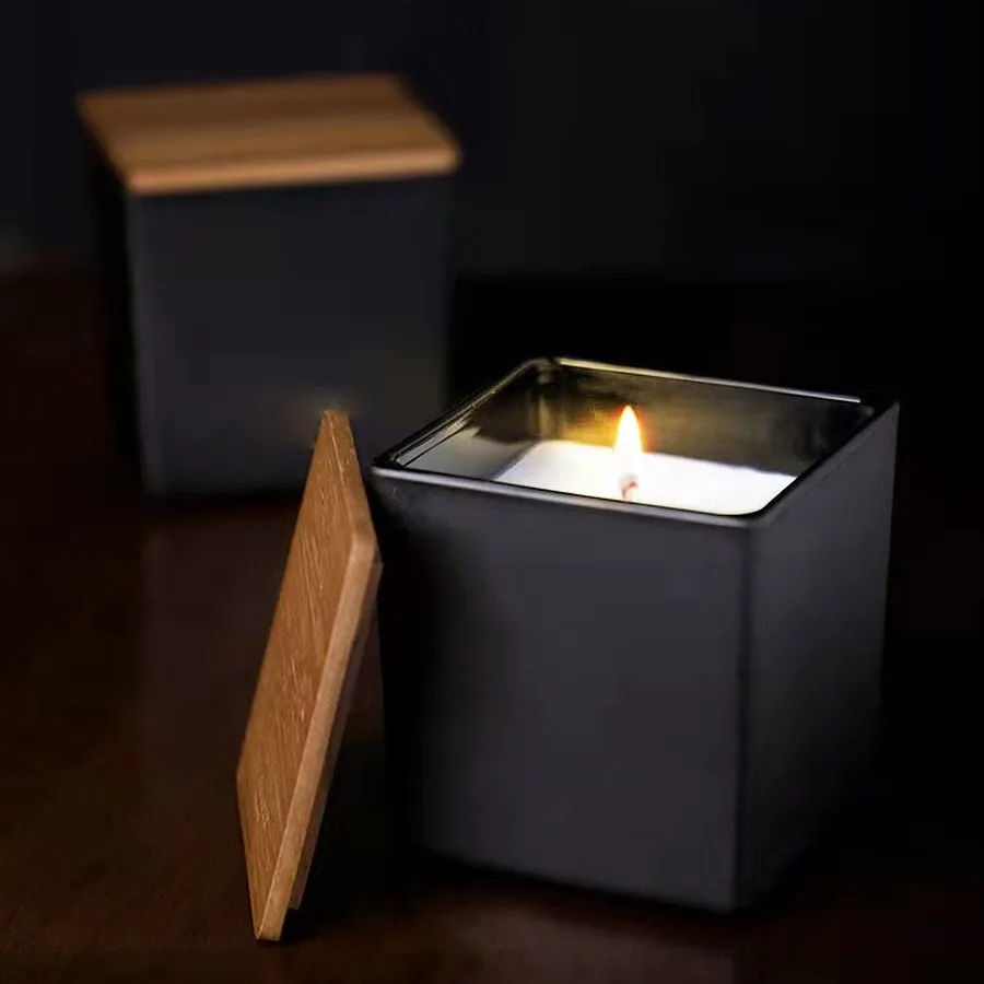 Wholesale Square Matte Glass Candle Jar With Custom Wood Lid Applique Glossy 3 Wick Candle Jar For Scented Candle