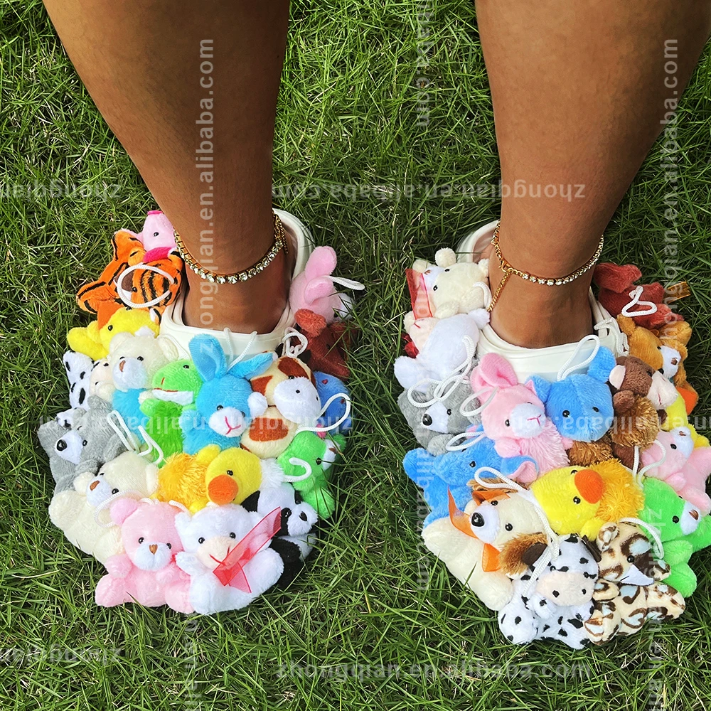 Ins Outdoor Stuffed Animal Fluffy Furry Teddie Adult Slides Plush Teddy Bear Slippers for Men Women Female Lady