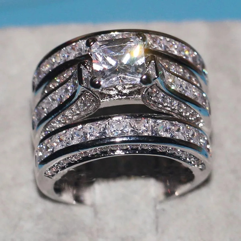 
Huitan 3Pcs/Set Engagement Rings Set Princess Cut Dainty Gems Cubic Filled Women Girls Silver Gold Wedding Luxury Ring Sets 