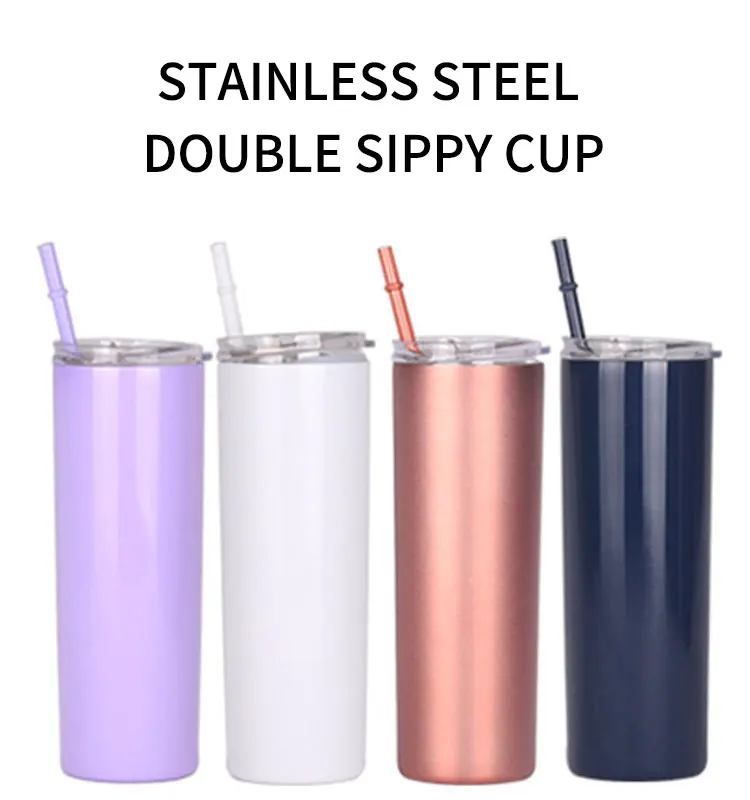 Drinkware Mugs Double Wall Slim Skinny 20 oz Tumbler stainless steel With Lid and Straw, Stainless Steel Slim Skinny Tumbler