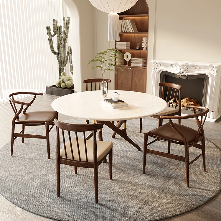High Quality Restaurant Wooden Arm Backrest Wishbone Chair Marble Top Round Dining Table With 4 Chairs Set