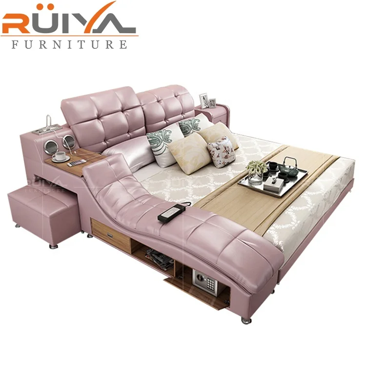 Modern Leather Fabric Bed with Storage Box Function Bedroom Furniture Set Chesterfield Style Multimedia Speaker USB Charger