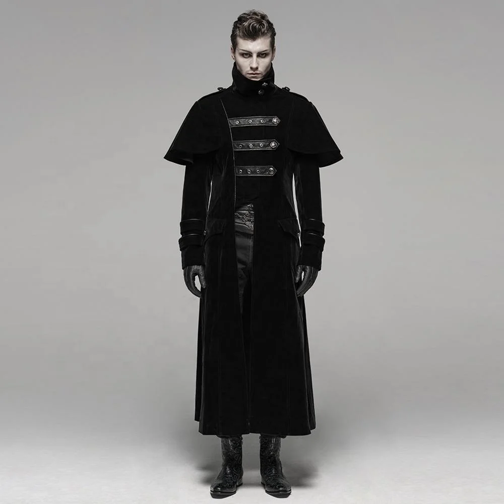 PUNK RAVE WY-1087  Uniform Stand Collar Velvet Long Coat Spliced Leather Button Men Winter Overcoat