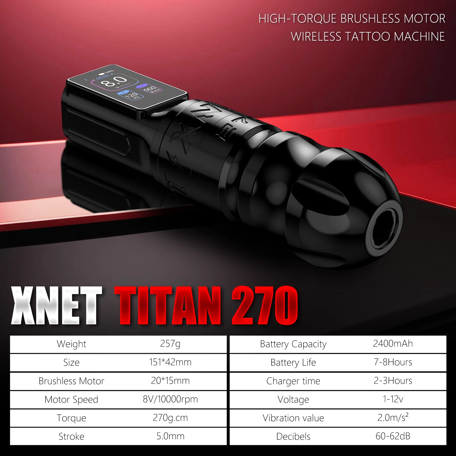 XNET Titan 270 2400mAh High Torque Brushless Motor Tattoo Gun 5.0mm/4.0mm Stroke Professional Wireless Tattoo Pen Machine