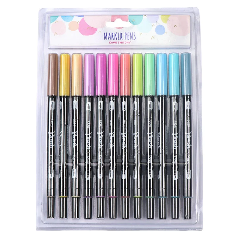 12 PCS Double-End Brush Pens - Non-toxic Fine Tip and Transparent Needle Tip Markers for Drawing, Calligraphy, and Art