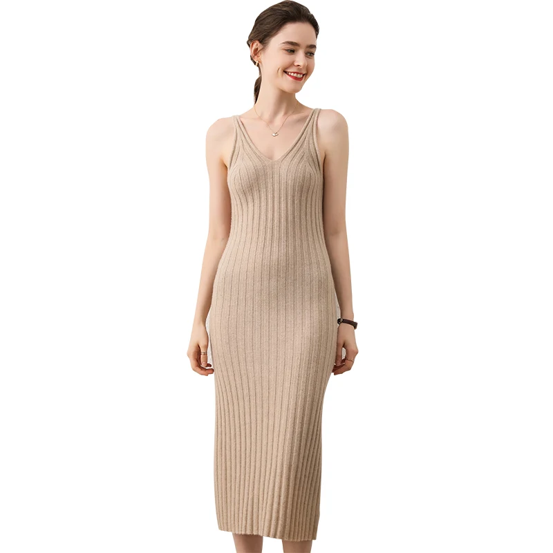 
2020 Fall Winter Vneck Wholesale Sweater 100% Pure Cashmere Sleeveless Knitted Dresses 